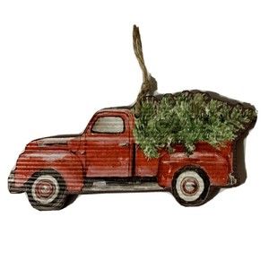 Red Truck with Christmas Tree Ornament Farmhouse Holiday 6" Woodland Lodge Cabin
